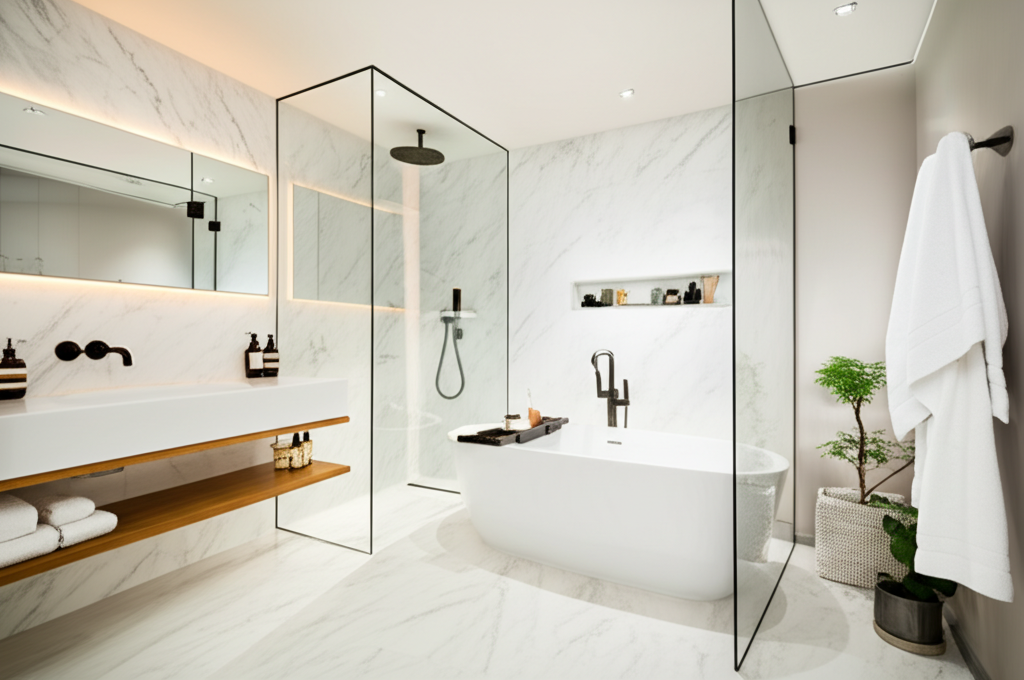 Modern bathroom with walk-in shower, freestanding tub, and elegant vanity
